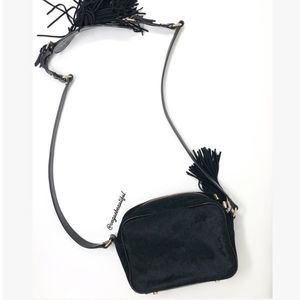 Sam Edelman Mixed Media Crossbody Suede Calf Hair Leather with Fringe Black